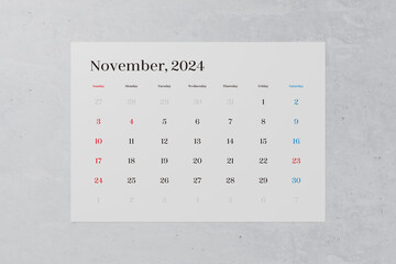 2024年11月のシンプルなカレンダー。日曜始まり