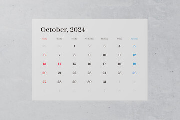 2024年10月のシンプルなカレンダー。日曜始まり