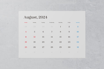 2024年8月のシンプルなカレンダー。日曜始まり。Simple calendar for August 2024