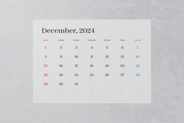 2024年12月のシンプルなカレンダー。日曜始まり
