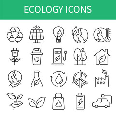 ecology and energy outline icons isolated on white background. conservation saving support and solution. environment and sustainable concept. vector illustration flat design.