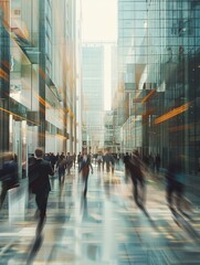 Long exposure shot of modern office lobby with business people. Generative AI 