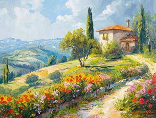 Fototapete Italian landscape with country side and flowers, Oil paintig banner  © Johannes