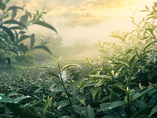 Obraz premium Sunrise illuminates dew-covered tea leaves in a lush field, creating a fresh and serene natural scene. Dewy Tea Leaves at Sunrise in Lush Field
