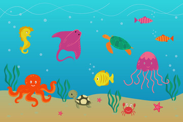 Cartoon underwater landscape with turtle, fish, octopus, crab, seahorse, starfish, jellyfish, stingray.  Underwater aquatic life landscape.