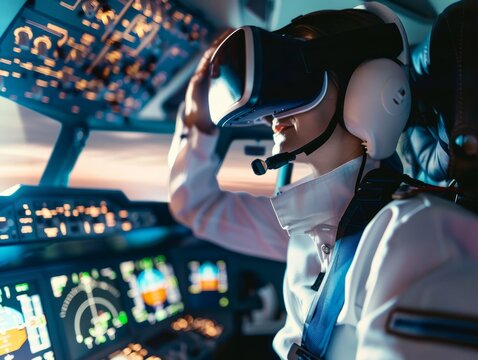 Pilot training in flight simulator with virtual reality glasses at aviation school 