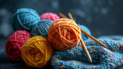 Pink orange blue balls of wool and knitting needles and example of work on dark blue textured...
