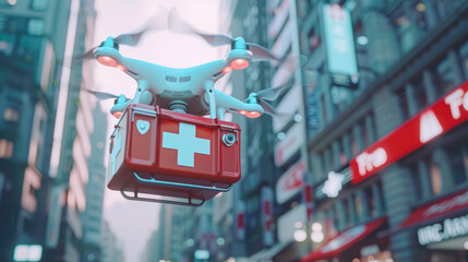 Drone  Quadcopter Carrying First Aid Kit in Urban Area