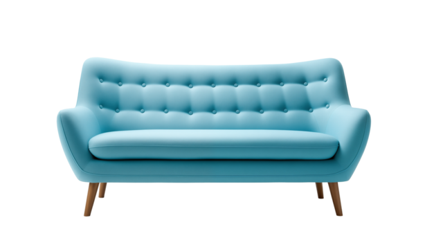 Chic modern sofa with button tufts and angular wooden legs, isolated on transparent background. Generative AI