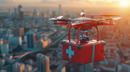 Drone  Quadcopter Carrying First Aid Kit in Urban Area