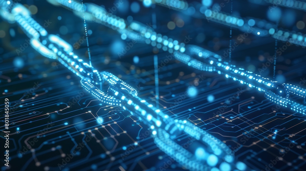 Poster a futuristic depiction of blockchain technology powering a wide range of applications, from finance 