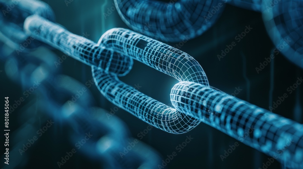 Aufkleber A futuristic depiction of blockchain technology powering a wide range of applications, from finance to healthcare to supply chain management.