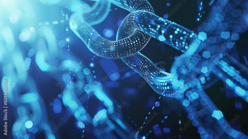 Poster a futuristic depiction of blockchain technology powering a wide range of applications, from finance 