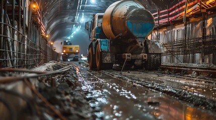 Closeup of construction equipment actively laying concrete and rebar in a subway tunnel, demonstrating the intricate processes of modern urban construction.
