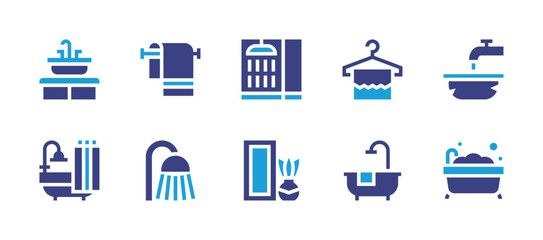 Bathroom icon set. Duotone color. Vector illustration. Containing shower, bathroom, basin, bath, towel, sink, mirror.