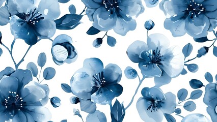 Blue and white floral pattern on white background resembling serene watercolor painting. Concept Watercolor Floral Pattern, Blue and White Decor, Serene Wallpaper, Background Design