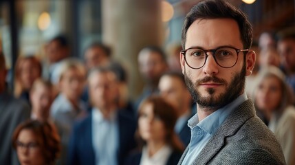 Blurred handsome young businessman with glasses and a beard standing in front of a crowd of business people. copy space for text. - Powered by Adobe