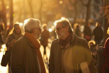 Portrait of a senior couple walking in the city at sunset.
