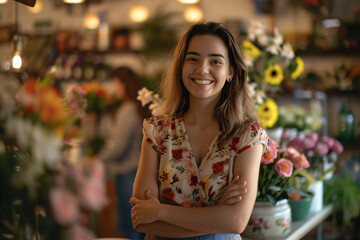 Fototapeta premium Portrait of a female florist standing with her arms crossed and smiling at the camera while a couple shops in the flower shop