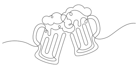 continuous line drawing of beer mug frothing clinking in happiness hour party time