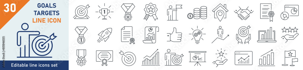 Wall mural goals icons pixel perfect. goals business icon set. set of 30 outline icons related to goals, target