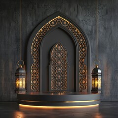 Ai Generative photo of a flat podium with ramadan lantern and Islamic decorations on the walls