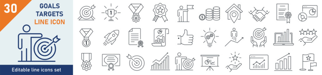 Goals icons Pixel perfect. Goals business icon set. Set of 30 outline icons related to goals, target, success, performance. Linear icon collection. Editable stroke. Vector illustration.