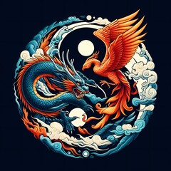 AI Generate A Dragon and Phoenix flying in circle create a yin yang pattern