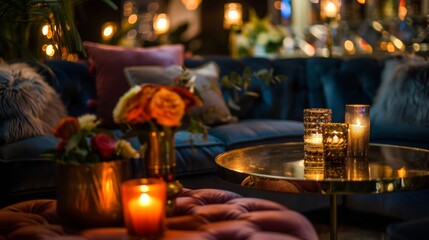 A cozy lounge setting with plush velvet couches and soft candlelight provides the perfect atmosphere for a night of jazz and juice.
