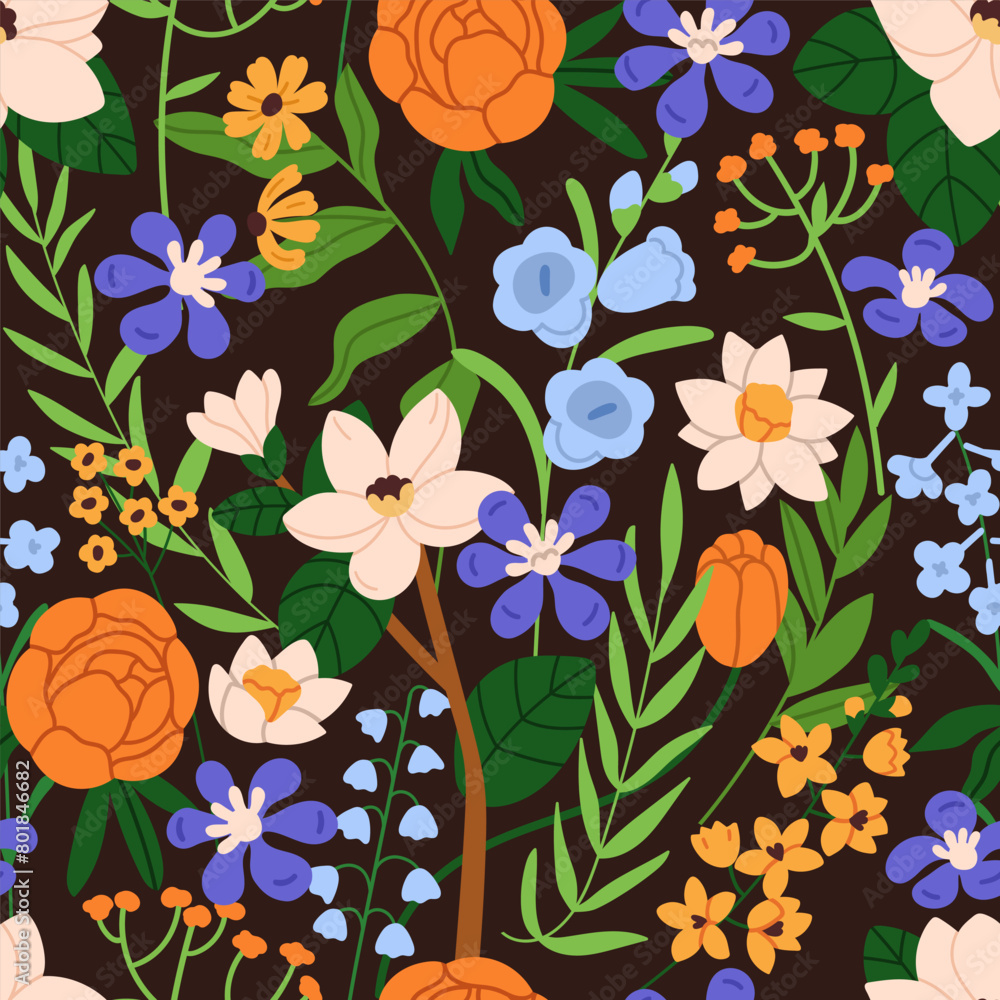 Poster seamless floral pattern. blossomed blooms, repeating print. endless botanical background design with