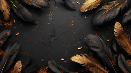 black gold feather background. Elegant background, template for text or logo. Golden feather on the black textured background. Free space, copy space. Fashion, beauty backdrop.