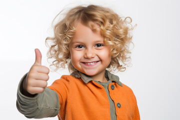 A happy little boy smiling and thumbs up on an isolated white background