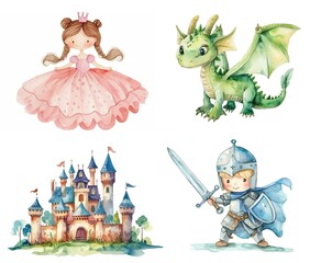 Cute dragon, knight, castle and princess, watercolor cartoon illustration isolated on white background