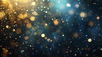 Abstract glitter lights background in blue, gold and black colors. Blurred bokeh effect. Elegant and festive design for banner, poster, invitation, card or wallpaper. hyper realistic  - obrazy, fototapety, plakaty