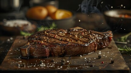 Grill rib steak on metal sheet on cutting board. Image of food. copy space for text.