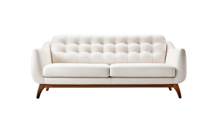 Chic modern sofa with button tufts and angular wooden legs, isolated on transparent background. Generative AI