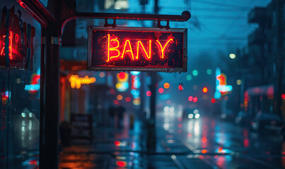 A vibrant neon sign illuminates a wet city street at dusk, evoking a cozy urban atmosphere. Generate AI