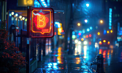 A vibrant neon sign illuminates a wet city street at dusk, evoking a cozy urban atmosphere. Generate AI