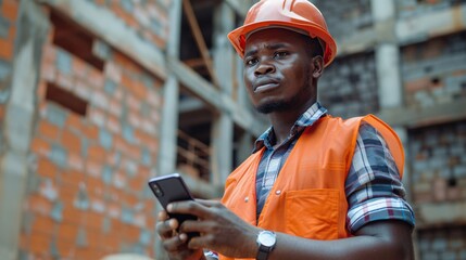 Young black African man construction worker holding clipboard while using mobile phone at building site