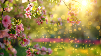 Background of Spring Blossoms: Lovely Nature Scene with Blooming Tree, Sun Flare, and Spring Flowers. Sunny Day in a Beautiful Orchard. Abstract Blurred Background Evoking Springtime Beauty.