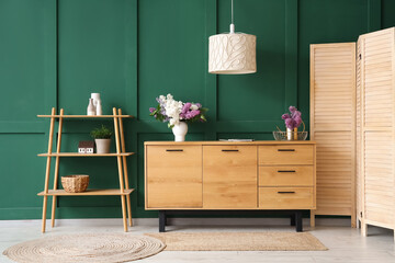 Stylish wooden cabinet and shelving unit near green wall in room