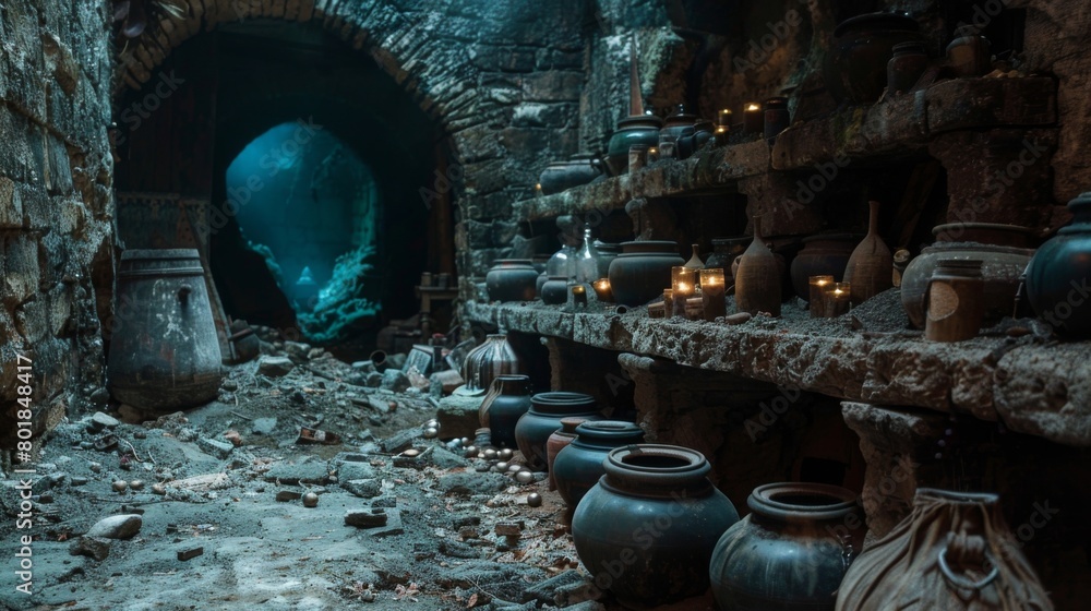 Poster deep in the depths of an ancient dungeon a cryptic crate of potions lay hidden a piles of rubble and