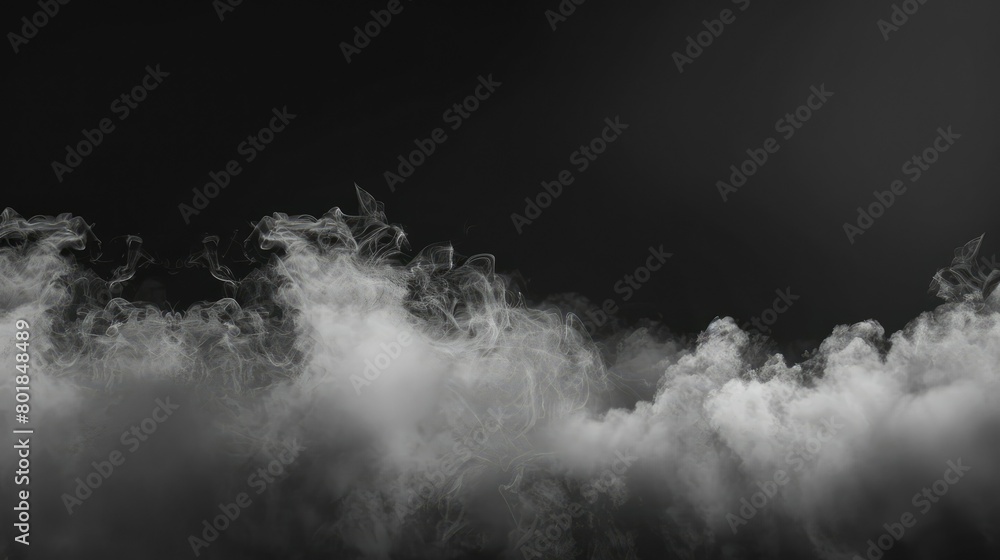 Poster foggy layer of steam lower third of image rolling right to left , background is black