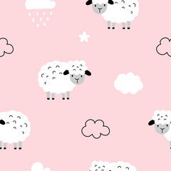 Seamless pattern with cute lamb and weather, cloud, rain, star for your fabric, children textile, apparel, nursery decoration, gift wrap paper. Vector illustration