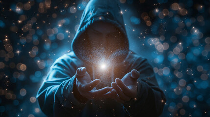 Cybersecurity vulnerability and hacker, coding, malware concept. Hooded computer hacker in cybersecurity vulnerability on security icons and blue digital background.