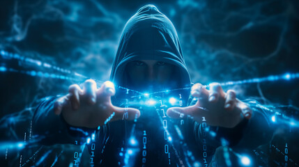 Hacker and computer with a glowing cyber security icons and blue digital background. cybersecurity and hacker concept.