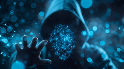 Hacker and computer with a glowing cyber security icons and blue digital background. cybersecurity and hacker concept.