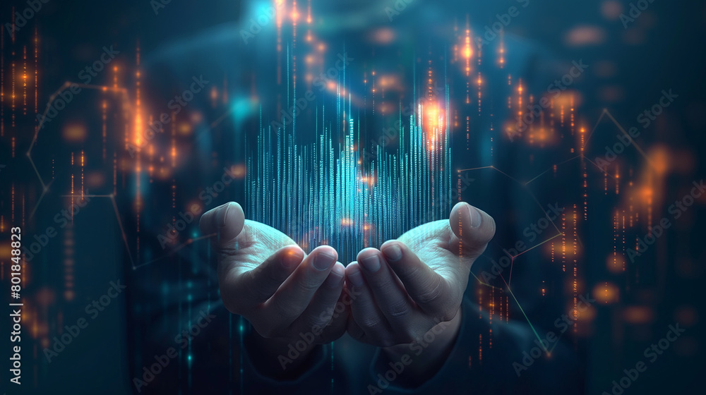 Wall mural abstract palm hands with global network connections, innovative technologies in the field of science