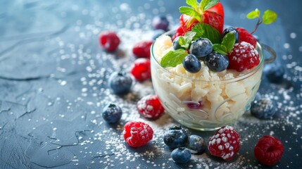 Fresh Berry and Mint Topped Rice Pudding in Glass on Dark Background. Horizontal banner with copy...