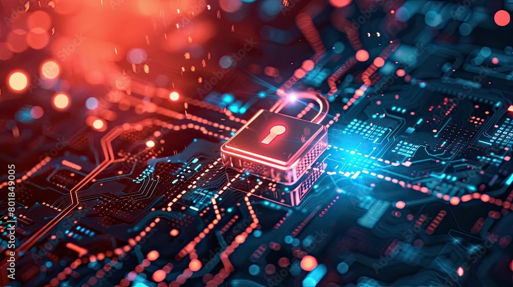 Poster digital security concept with lock symbol on circuit board background, closeup view. high tech and c
